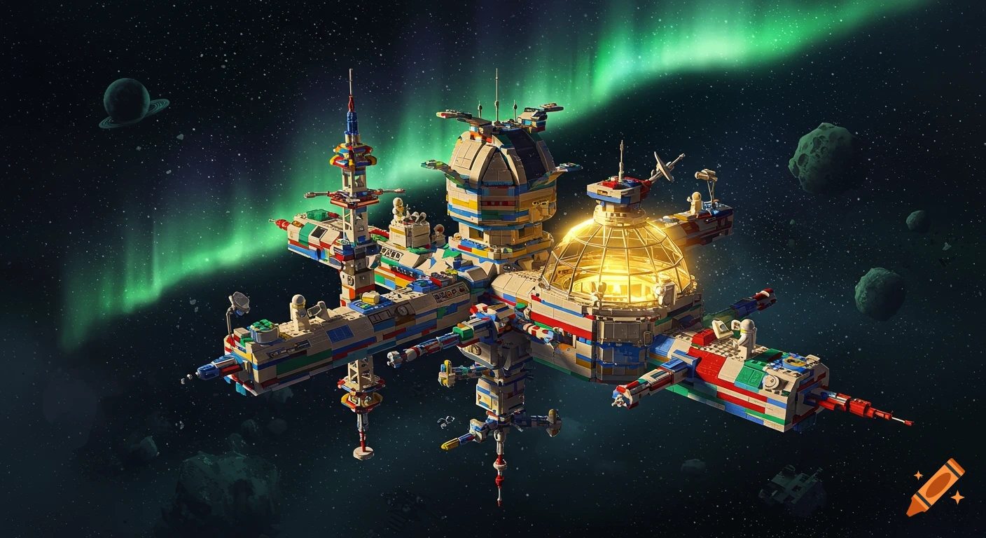 A colorful Lego space station, an orbital observatory, floats in deep space with a green aurora, planets, and asteroids.