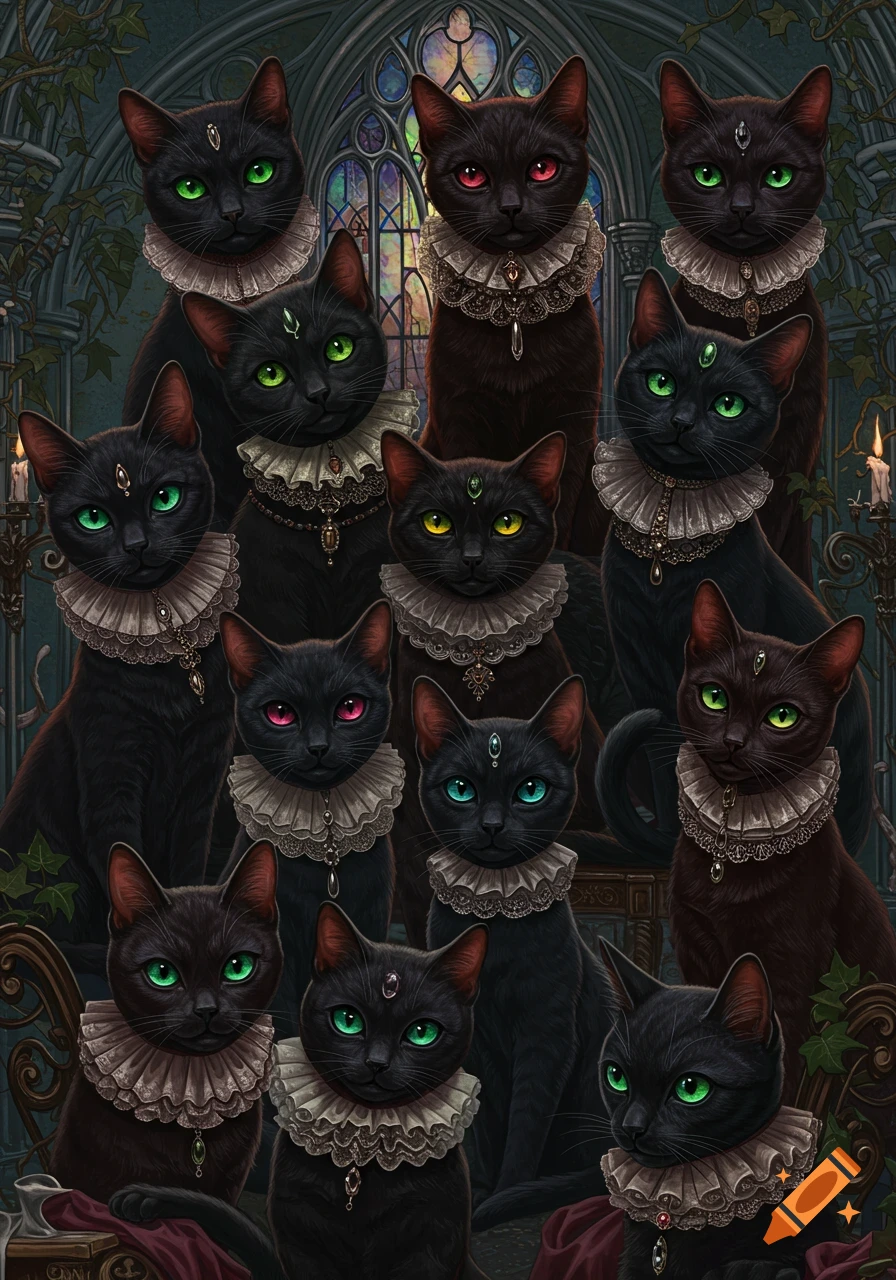 A group of black cats with various colored eyes, wearing elaborate ruffled collars and jewels, posed in a dark gothic interior with a stained glass window.