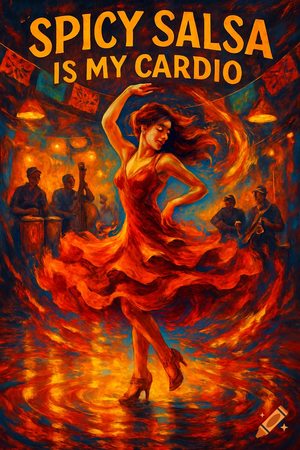 Vibrant painting of a woman dancing salsa in a fiery red dress with musicians in the background. Text reads 'Spicy Salsa is my Cardio'.