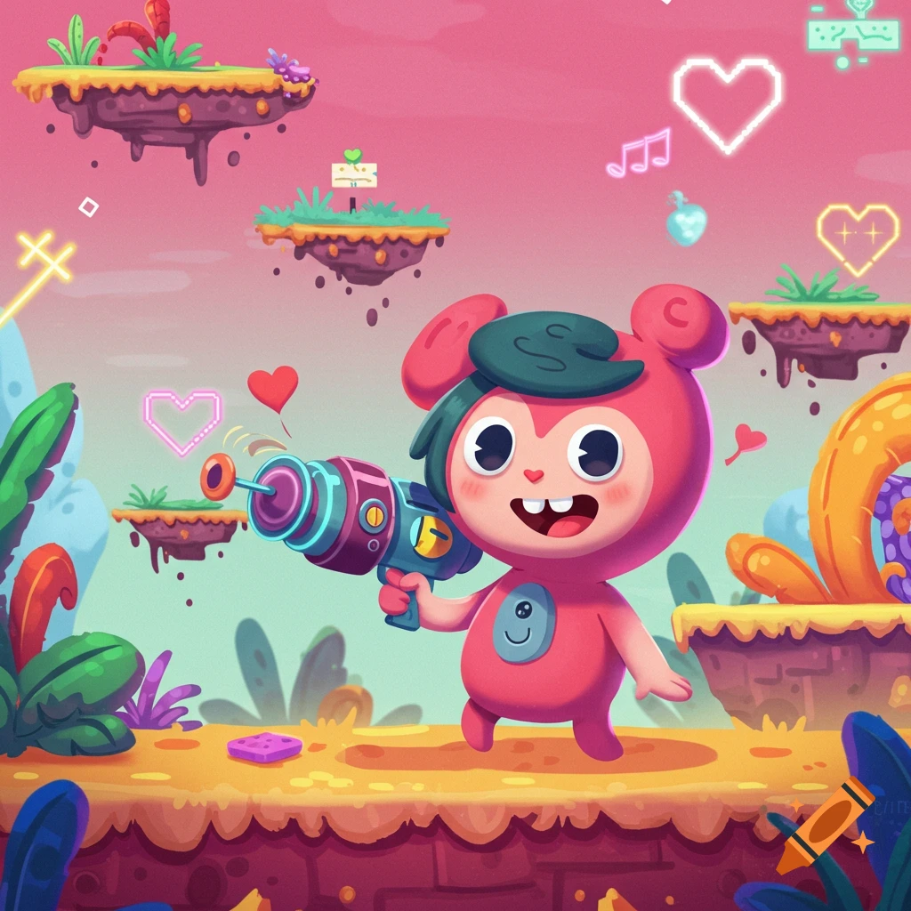 A cute, pink, cartoon-style creature with green hair, holding a futuristic ray gun in a colorful, dreamy platformer video game world with floating islands and neon hearts.