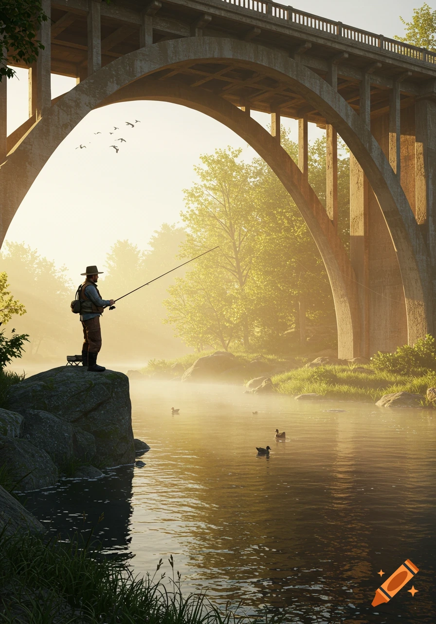 A fisherman stands on a rock in a misty river under a large concrete bridge at sunrise, with ducks. Photorealistic.