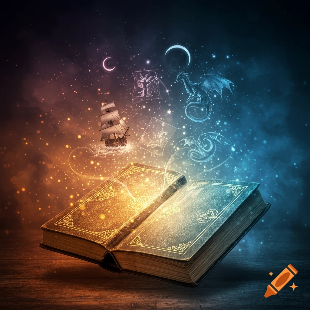 An ornate, open book glows with light, emitting a fantastical scene with a ship, dragons, and crescent moons in a starry, magical sky.