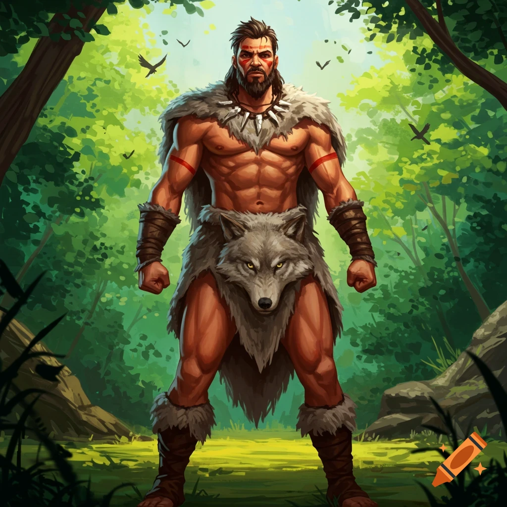 A muscular barbarian in a wolf pelt loincloth and fur cloak stands in a vibrant green forest, illustration.