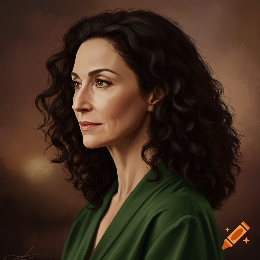 Digital painting of a woman with dark curly hair and hazel eyes, wearing a green robe, looking left.