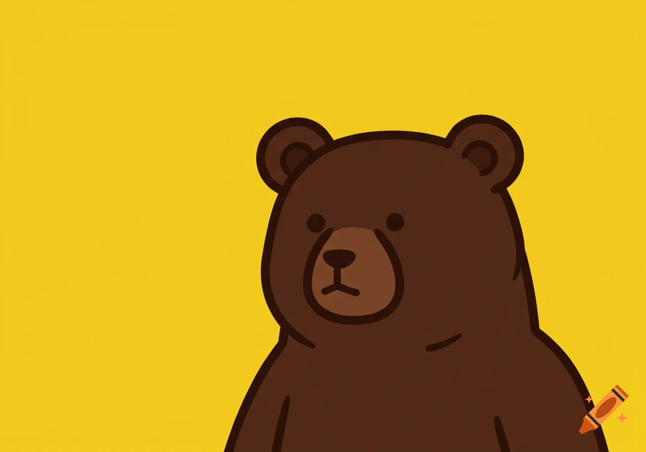 A simple, dark brown cartoon bear with dot eyes and a line mouth against a bright yellow background.
