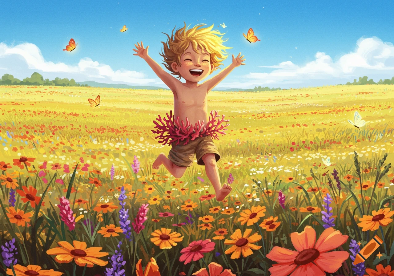 Joyful illustrated child with blond hair jumping through a vibrant field of colorful wildflowers, butterflies fluttering.