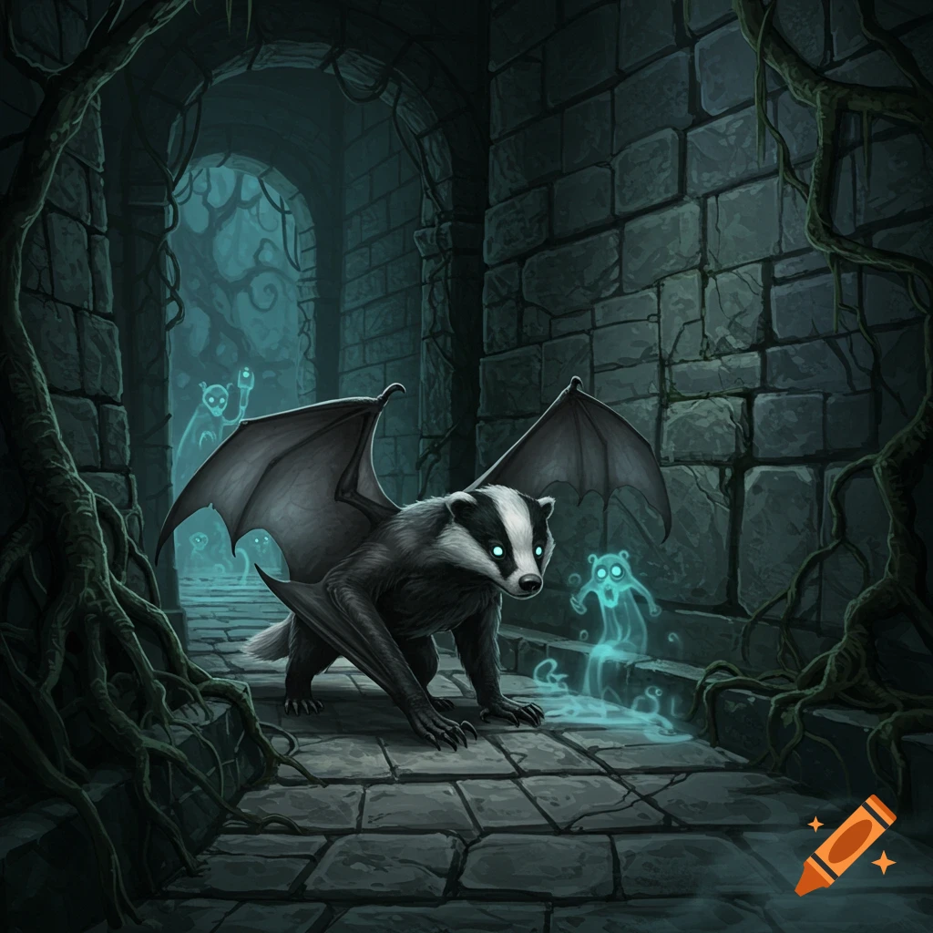 A curious half-bat, half-badger creature with glowing eyes skulks in an eerie, shadowy stone labyrinth with ghost-like figures. Fantasy art.