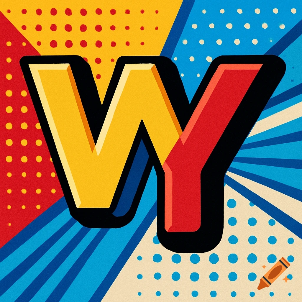 Pop art logo combining a yellow 'W' and a red 'Y' on a multicolored background with comic book patterns.