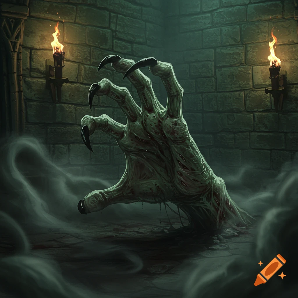 A grotesque, clawed, green-skinned hand emerges from smoky ground in a dark dungeon with torchlit brick walls.