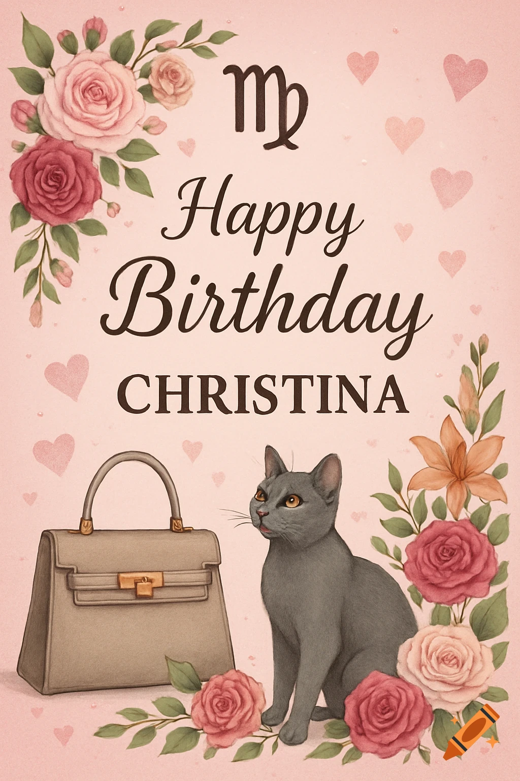 Watercolor birthday card with 'Happy Birthday Christina', a Virgo symbol, a grey cat, a beige handbag, pink roses, and small hearts.