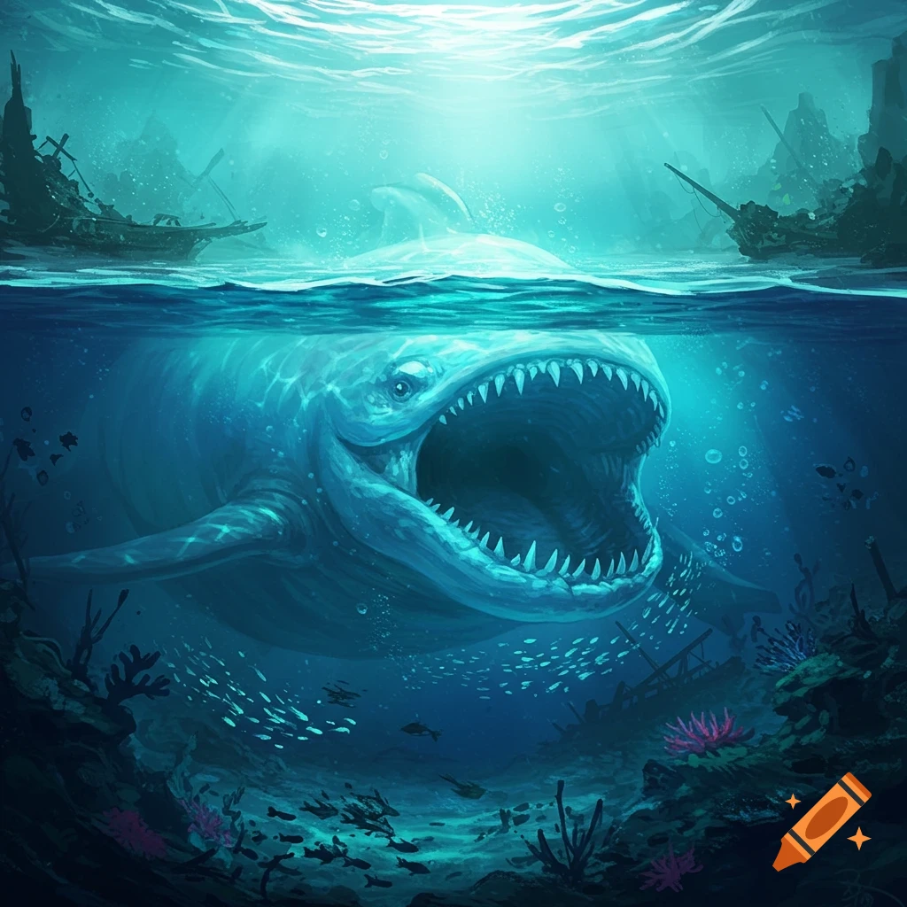 Vibrant illustration of a massive, toothy sea monster with an open mouth in a deep blue ocean with shipwrecks.