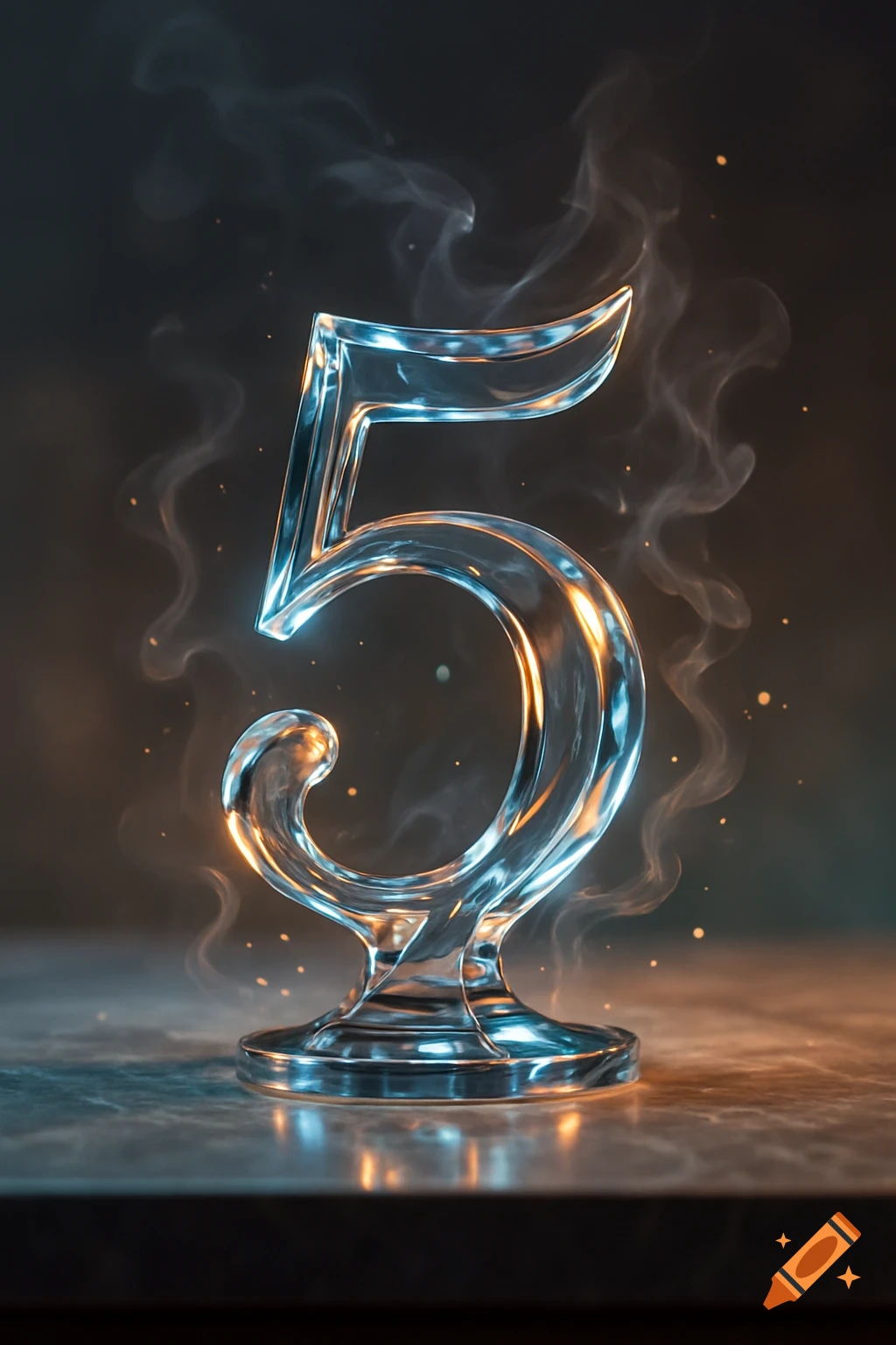 A stylized, glowing glass number 5 sits on a dark, reflective surface with smoke and sparks.
