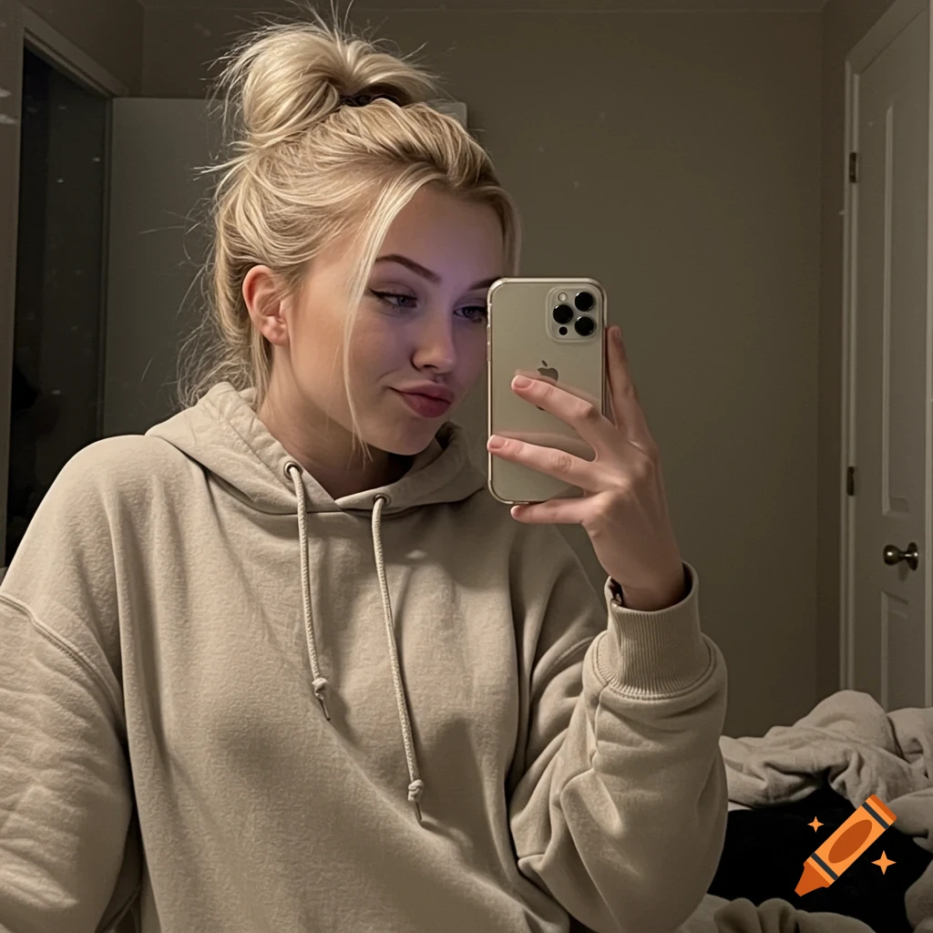 A young blonde woman in a beige oversized hoodie takes a mirror selfie, her hair in a messy bun, looking at her phone.