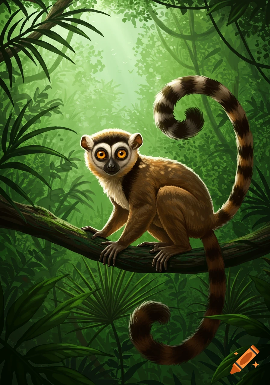An illustration of a lemur with big orange eyes sitting on a tree branch in a lush green jungle.