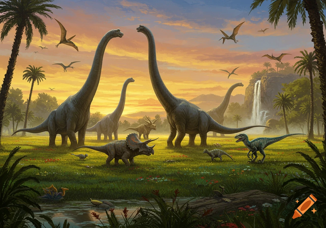 Group of diverse dinosaurs including long-necked sauropods, a triceratops, and pterosaurs in a lush prehistoric landscape with a waterfall at sunset.