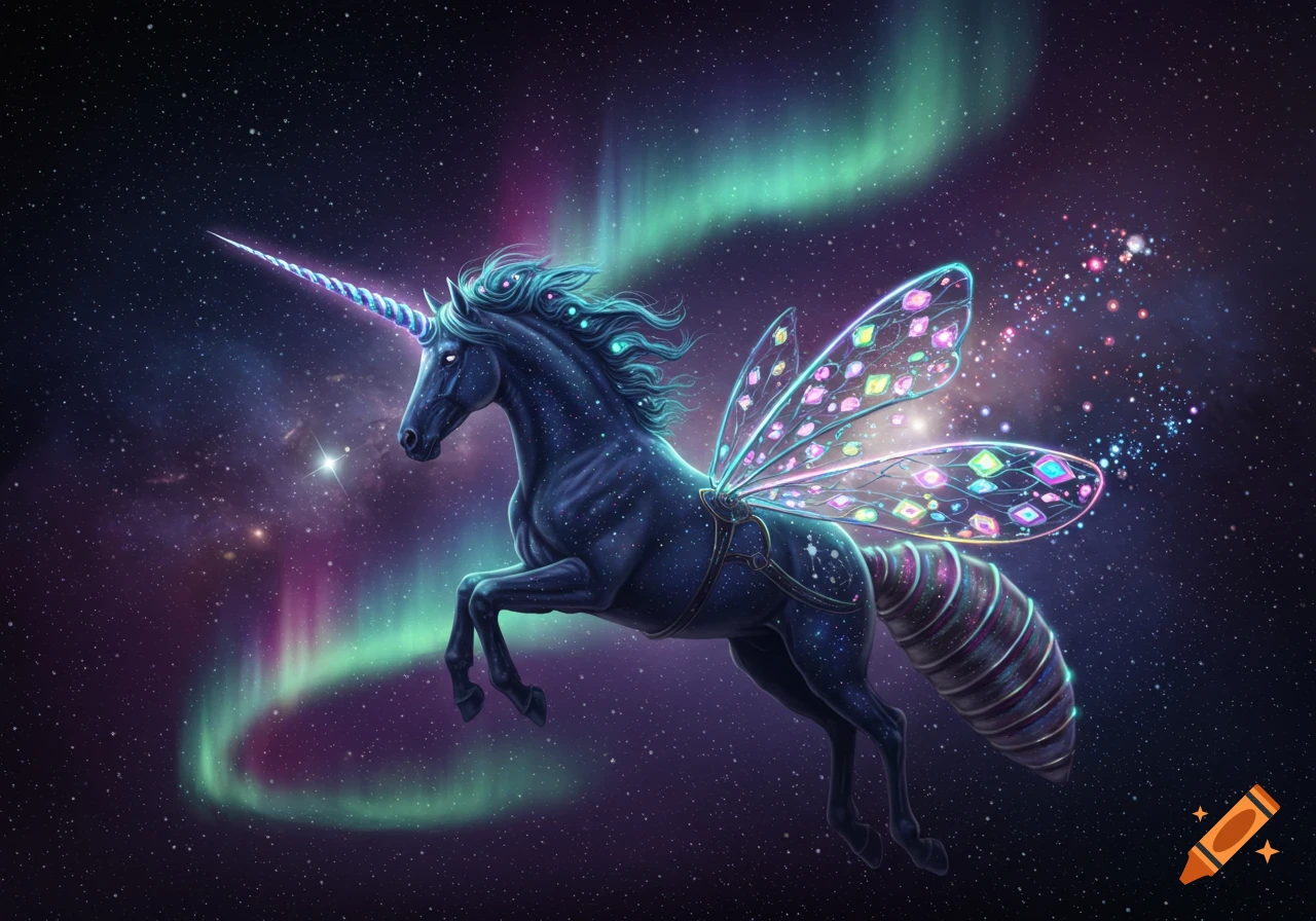 A dark unicorn with a glowing horn and iridescent jewel-like wings flies through a starry night sky with colorful aurora.