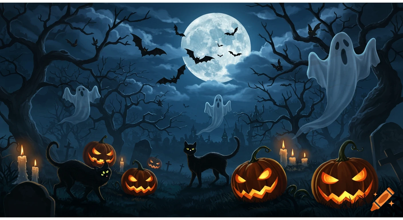 A spooky Halloween illustration at night with ghosts, bats, black cats, and glowing jack-o'-lanterns among gnarled trees and gravestones under a full moon.