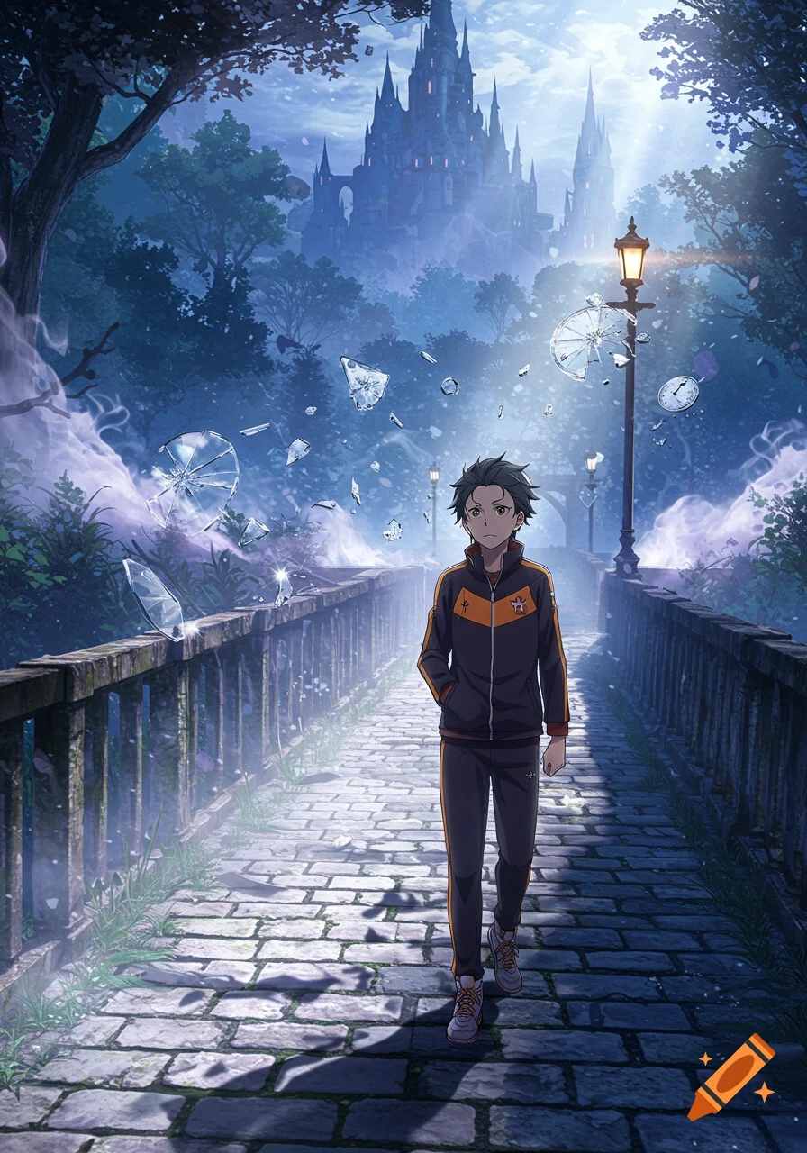 Anime boy walks on a stone path toward a dark castle with floating broken clocks and glass shards in a mystical, purple forest.