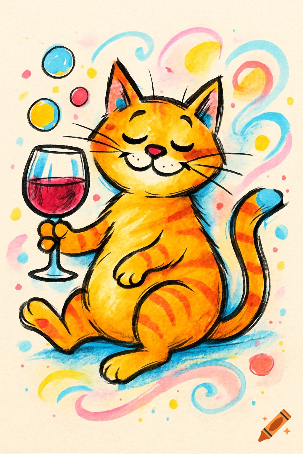 A happy, orange striped cartoon cat with closed eyes sits, holding a glass of red wine, surrounded by colorful swirls and dots.