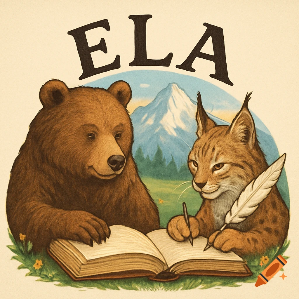 An illustration of a brown bear and a lynx writing and reading a book, with the text 'ELA' above and mountains in the background.