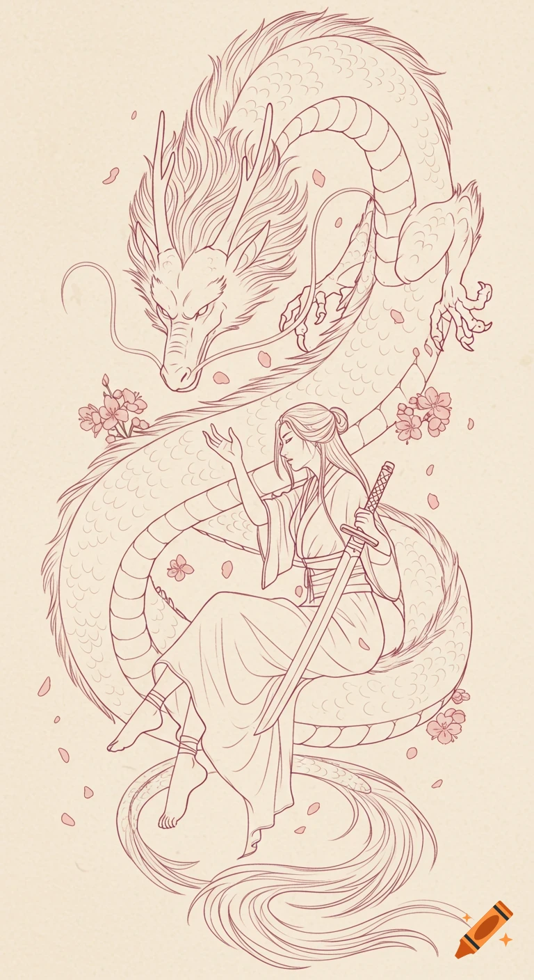 Line art of a seated woman with a sword, reaching towards a large dragon coiling around her, with cherry blossoms.