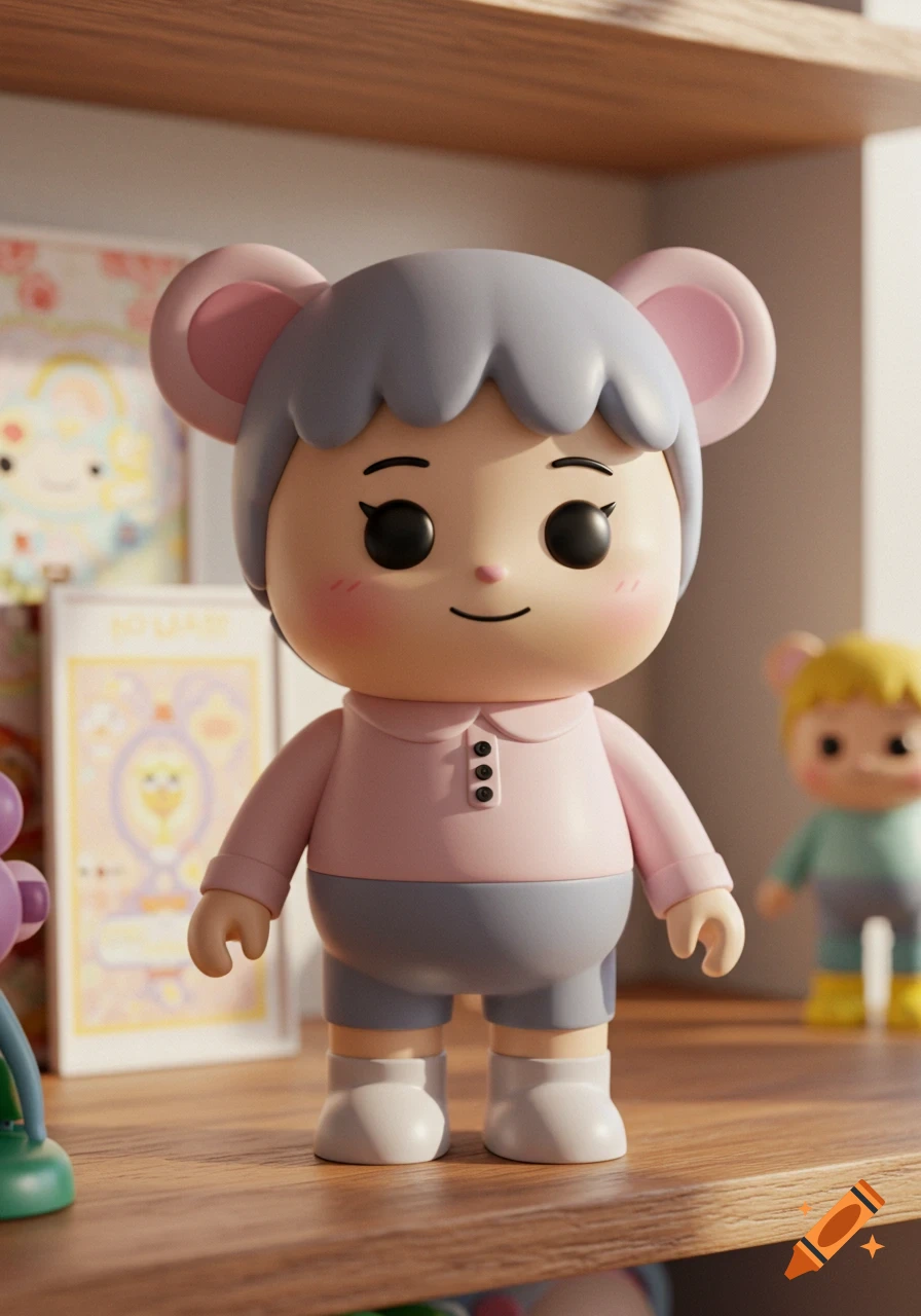 A cute stylized toy figure with pink mouse ears, gray hair, and a pink shirt stands on a wooden shelf.