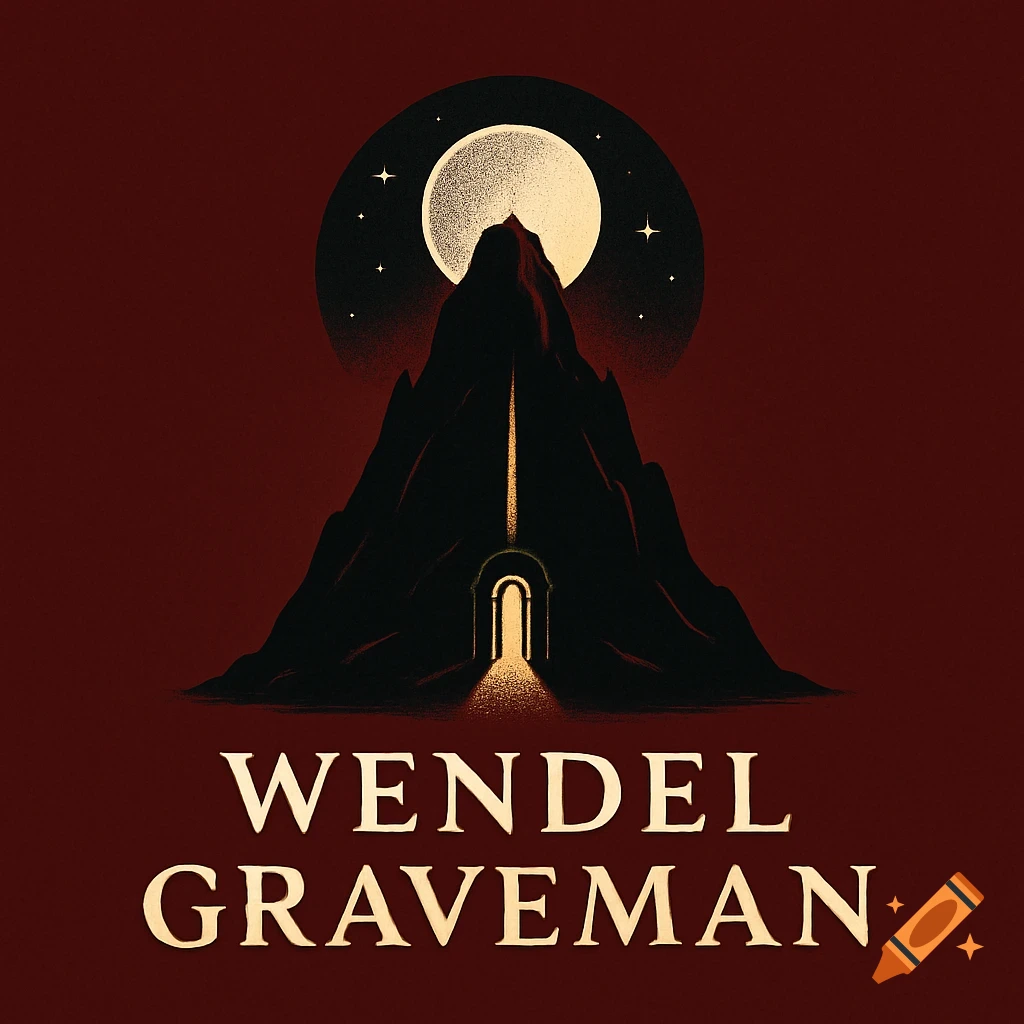 Stylized dark mountain silhouette with a glowing archway, a large full moon, and stars against a deep red background. Text reads 'WENDEL GRAVEMAN'.