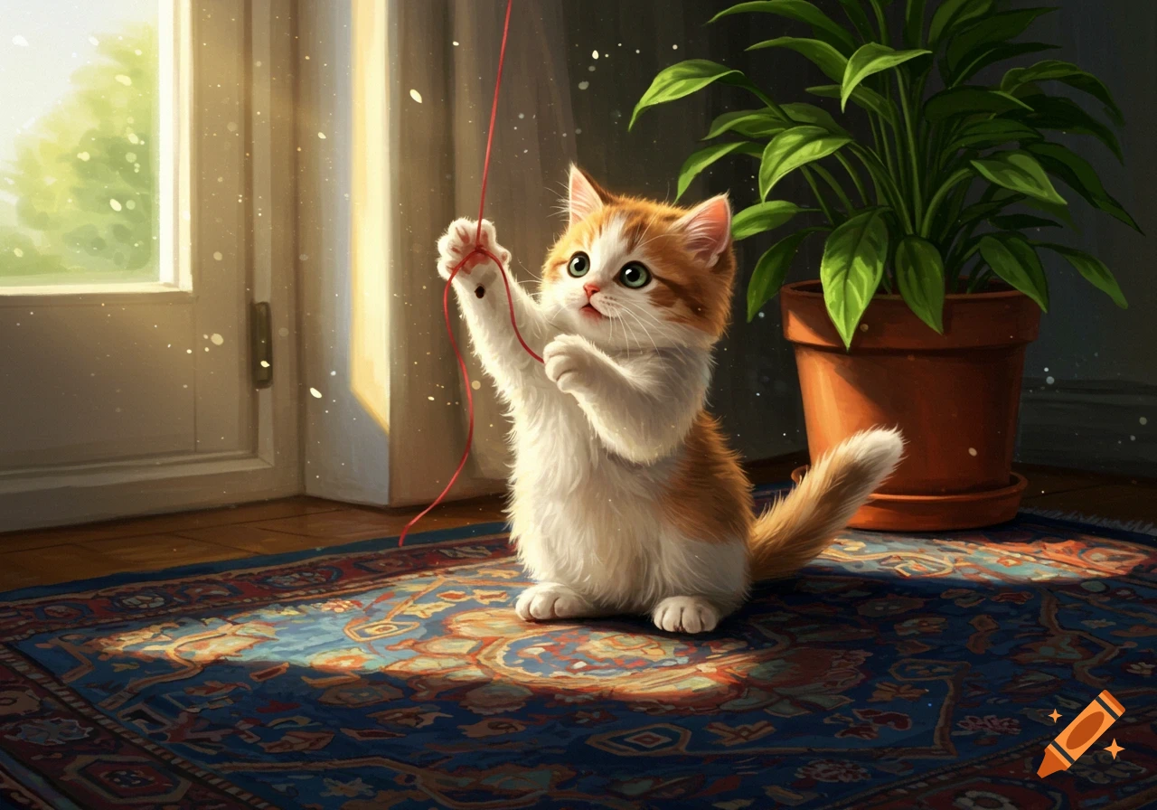A cute ginger and white kitten plays with a red string on a patterned rug in a sunlit room, digital art.
