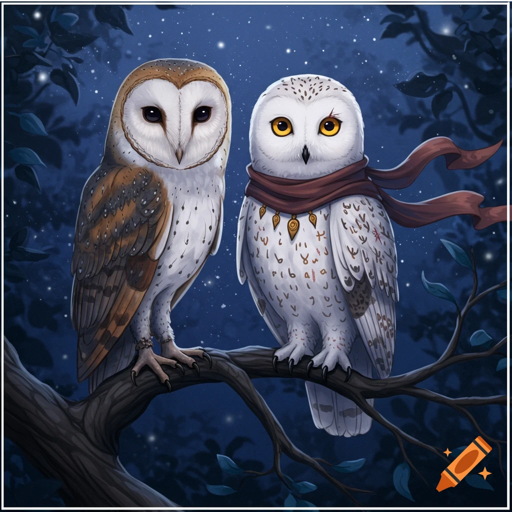 A stylized illustration of a barn owl and a snowy owl with a red scarf sitting on a tree branch under a starry night sky.