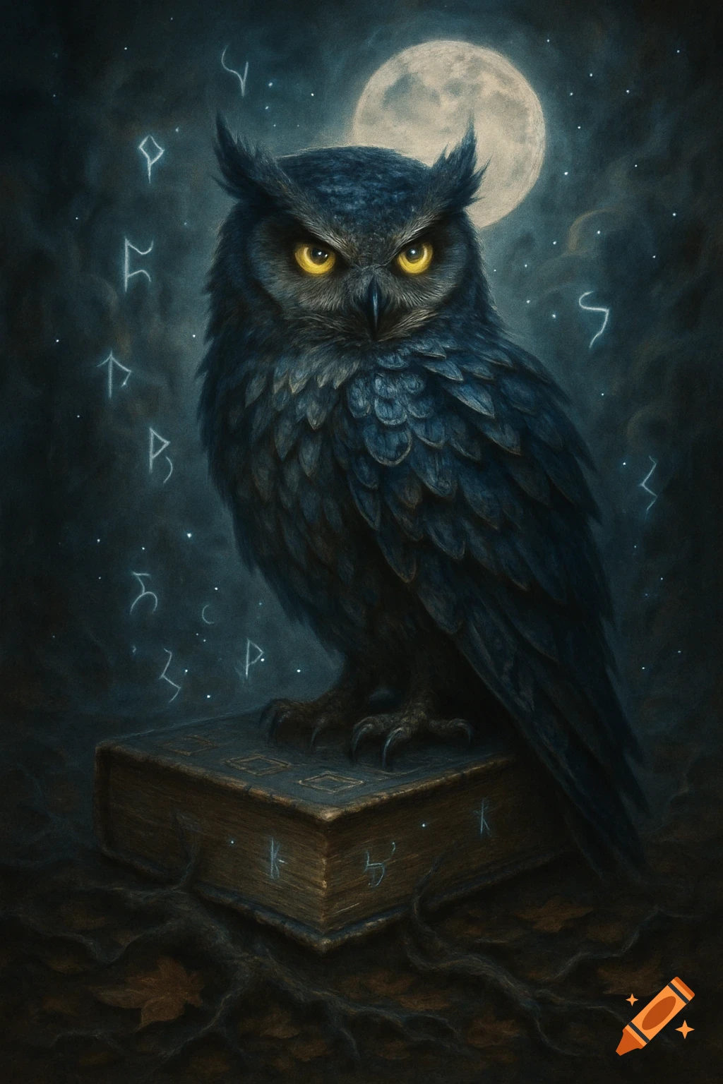A majestic dark owl with glowing yellow eyes perches on an ancient book under a full moon, surrounded by glowing runes.
