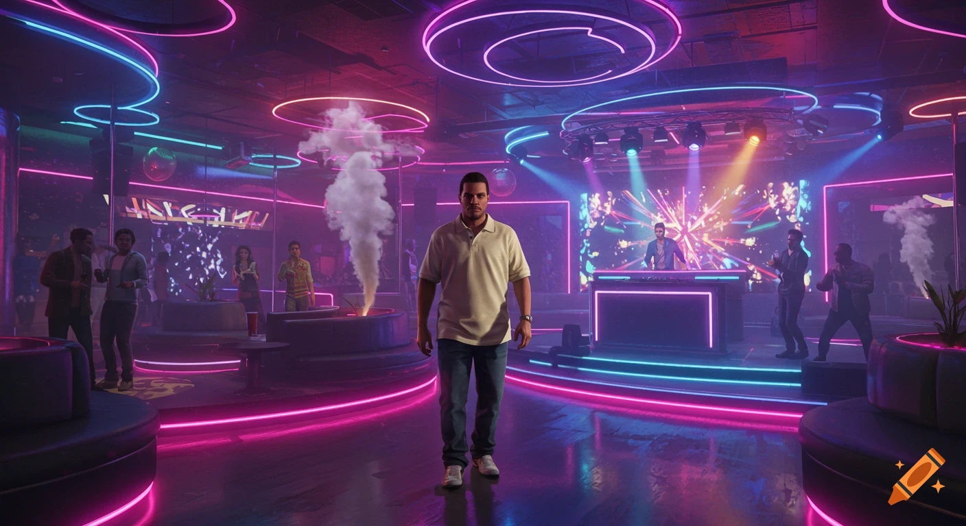 A man walks through a vibrant neon-lit nightclub with a DJ on stage and people dancing, in a realistic video game style.