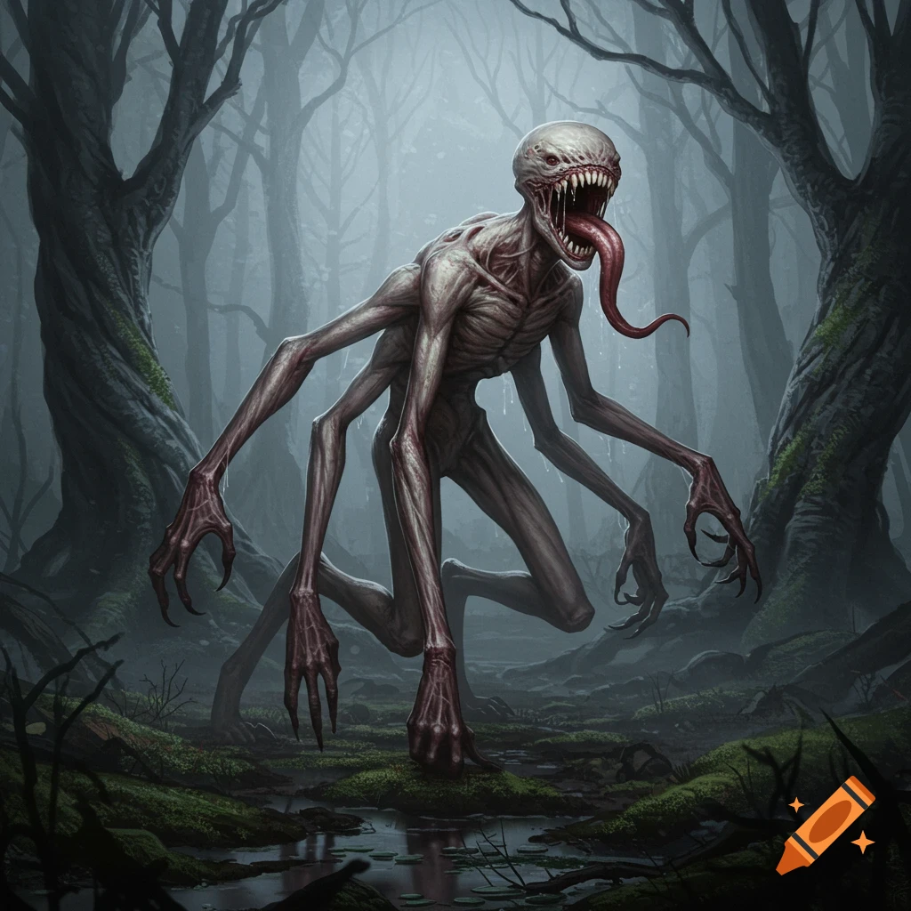 A terrifying, pale, skinny creature with multiple long limbs, sharp teeth, and a long tongue stands in a foggy, dark forest.