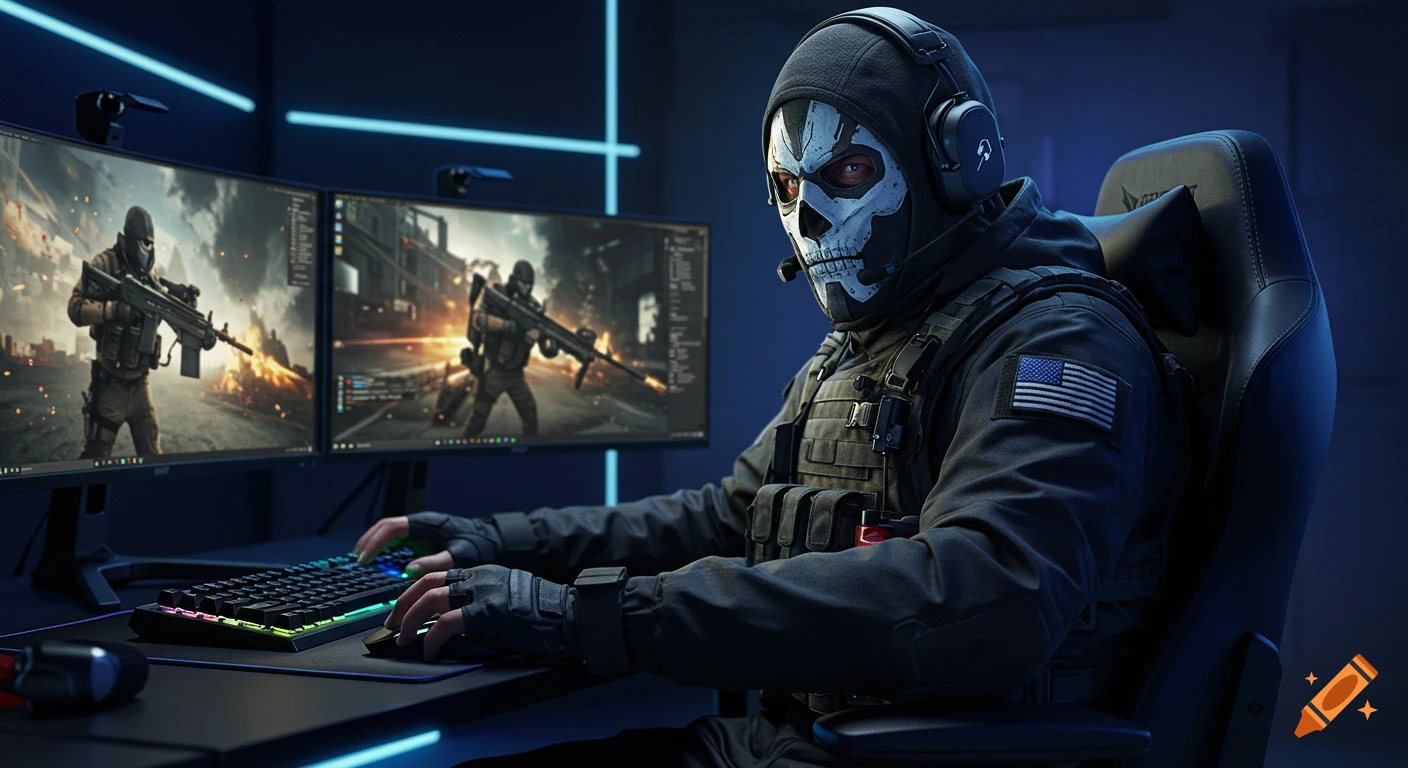 A masked gamer resembling Ghost from Call of Duty plays on a high-tech setup with multiple monitors displaying intense combat scenes.
