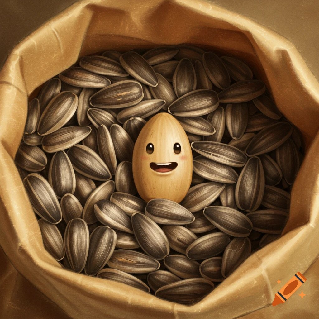 A smiling cartoon sunflower seed sits happily in a paper bag filled with many regular sunflower seeds, digital illustration.