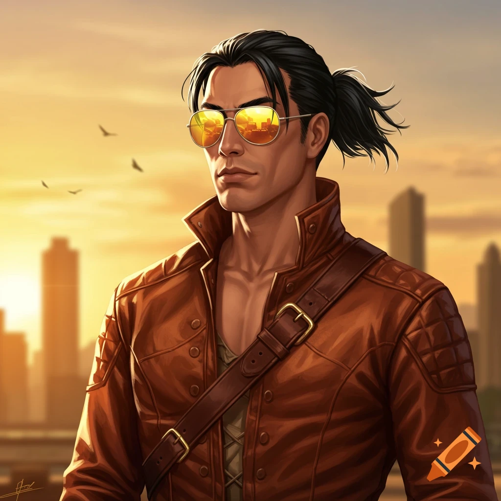 Digital art portrait of a man with a ponytail, sunglasses, and brown leather jacket against a golden city sunset.