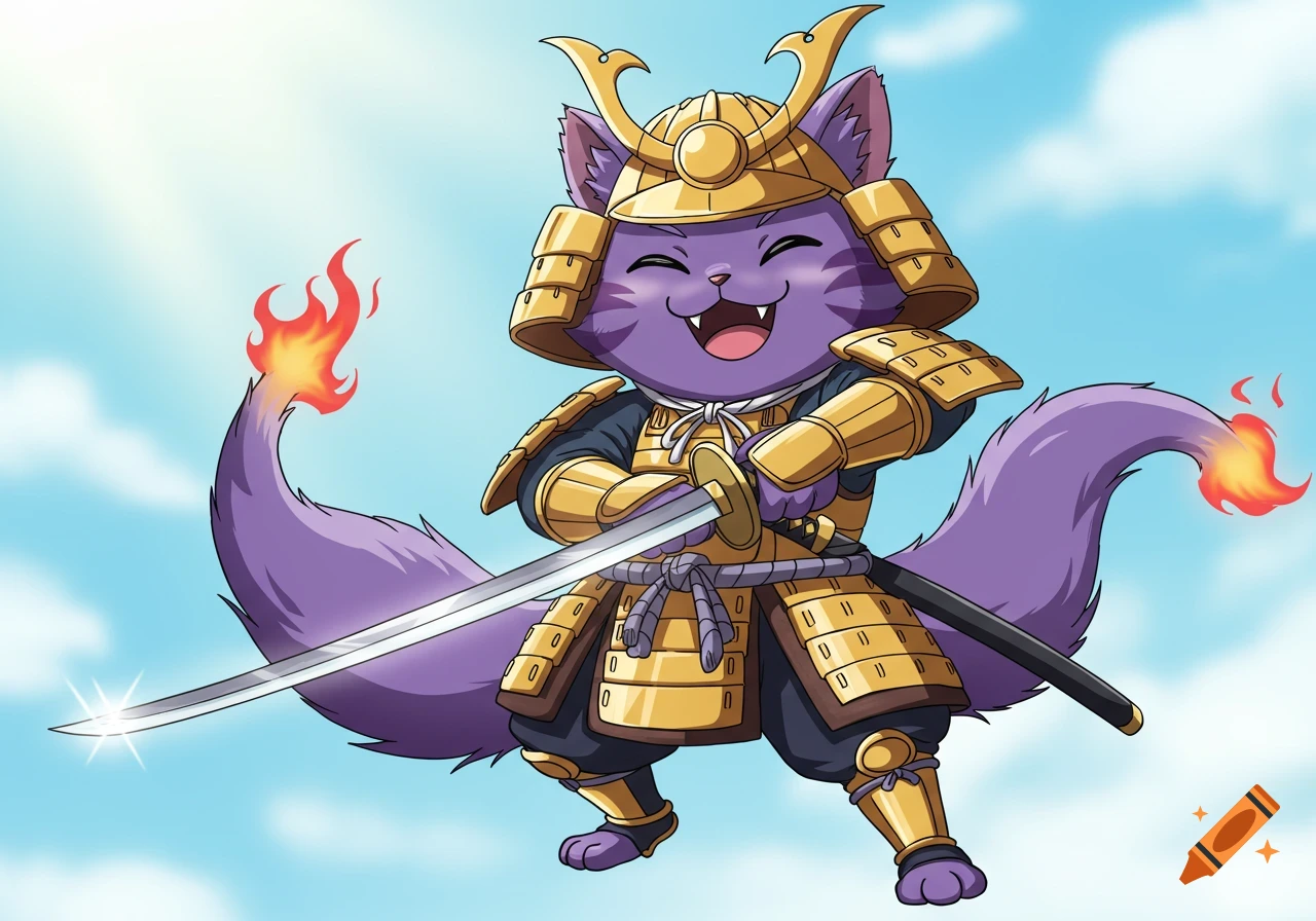 A vibrant anime-style purple samurai cat warrior with two fiery tails, wearing golden armor, smiling confidently while holding a katana.