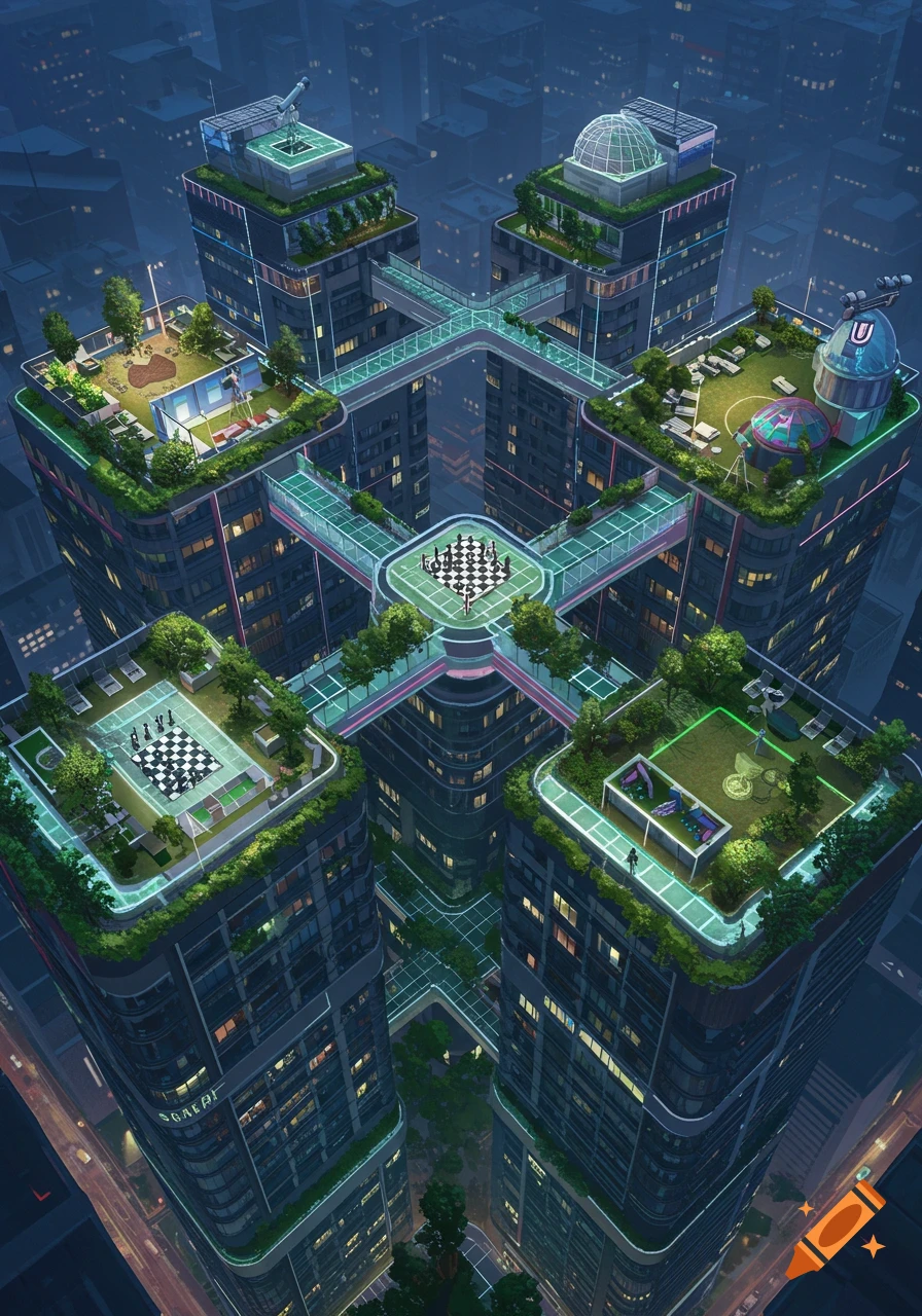 Aerial view of futuristic skyscrapers with illuminated rooftop gardens, outdoor chess boards, and connecting glass bridges in a city at dusk.