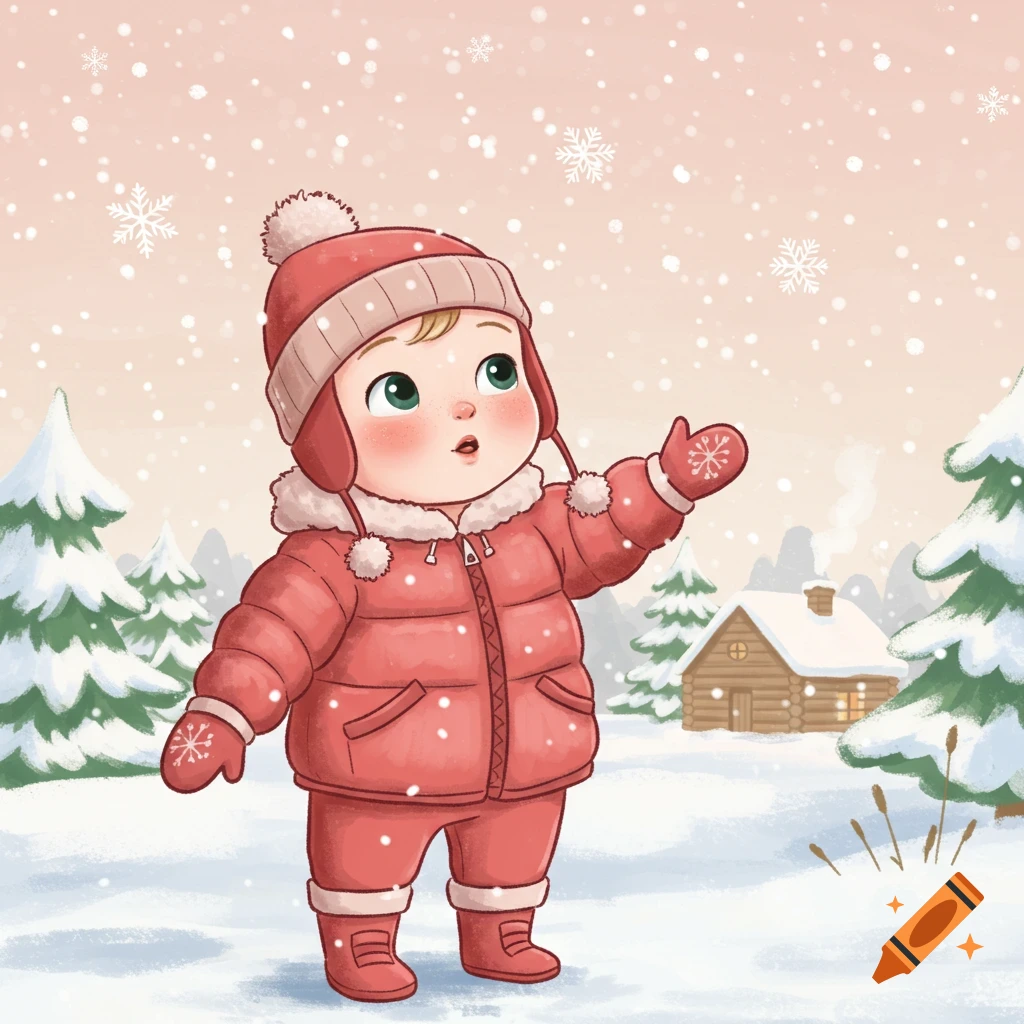 Cartoon baby in red winter outfit stands in snowy landscape with trees and cabin, looking up at falling snowflakes.