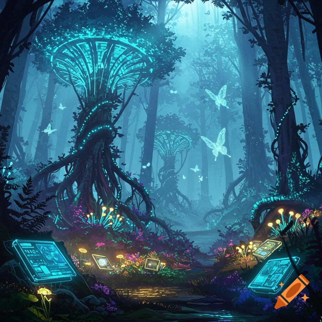 A vibrant cyberpunk forest at night, with bioluminescent trees, glowing mushrooms, hovering butterflies, and illuminated tech screens on the forest floor.