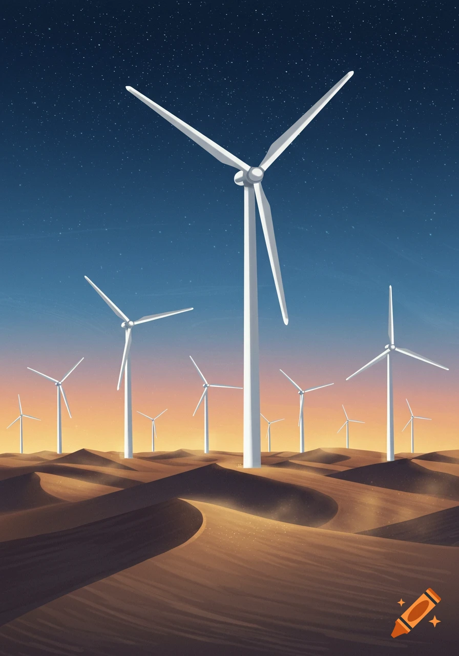 Stylized illustration of white wind turbines in a desert at twilight under a starry sky.