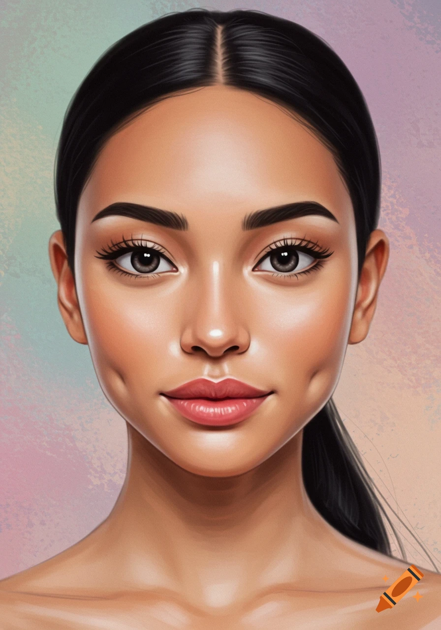 Stylized portrait of a beautiful woman with dark hair, large eyes, thick eyelashes, arched eyebrows, full lips, and dimples.