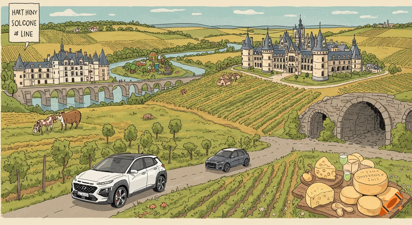 A colorful cartoon landscape illustration featuring two castles, a river, vineyards, two Hyundai Kona cars, cows grazing, and a display of various cheeses and drinks.