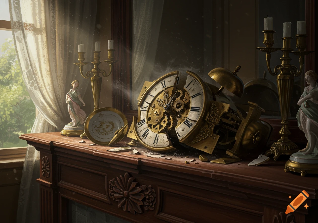 A broken golden mantle clock with exposed gears sits on a wooden mantlepiece, surrounded by antique decor, in a sunlit room.