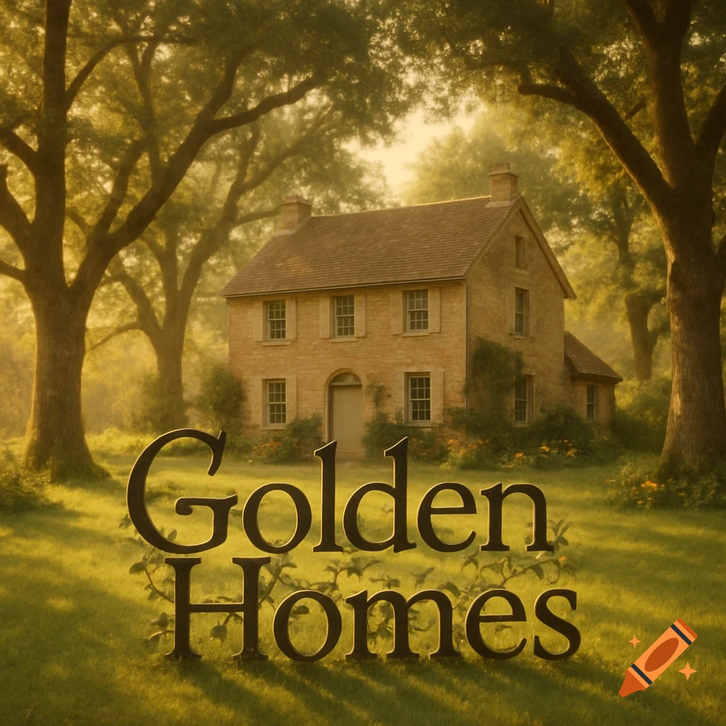 A charming stone country home nestled among large oak trees with the words 'Golden Homes' in the foreground.