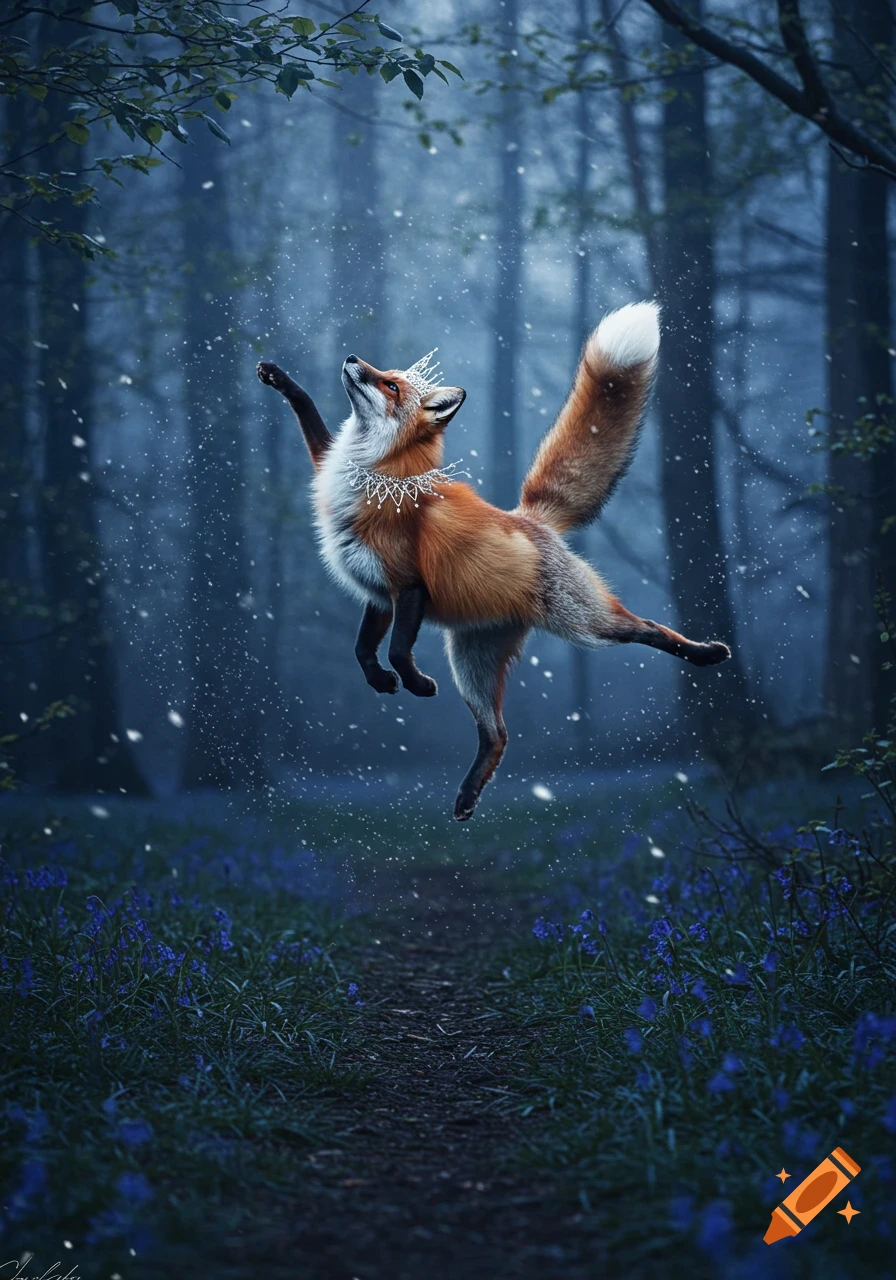 An elegant fox in a crown and necklace leaps in a ballet pose amidst falling snow in a mystical blue forest with bluebell flowers.
