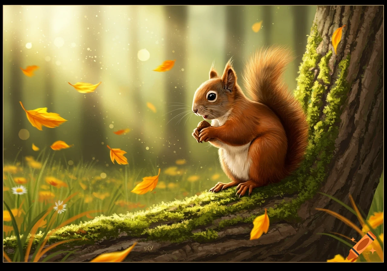 A cute, fluffy red squirrel with a bushy tail sits on a mossy log, eating a nut as golden autumn leaves fall in a sun-dappled forest.