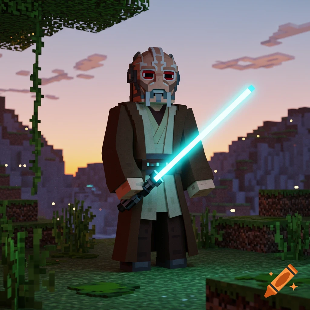 A blocky, Minecraft-style Jedi Master Plo Koon stands at sunset, holding a glowing blue lightsaber amidst a blocky landscape.
