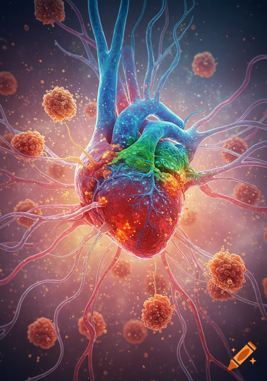 Stylized illustration of a vibrant human heart with branching blue and red vessels, surrounded by numerous orange cell-like structures against a glowing, bokeh-filled background.