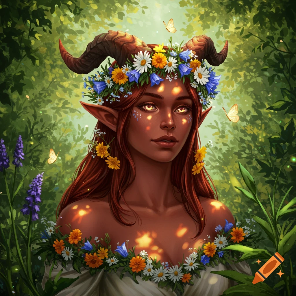 A fantasy woman with horns, pointed ears, glowing eyes, and a flower crown in a lush forest with dappled sunlight.