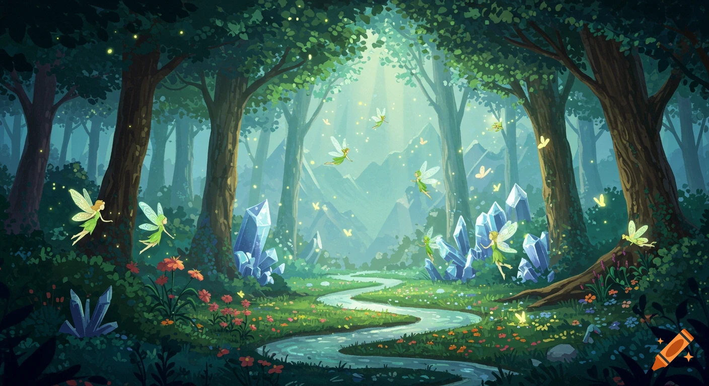 Cartoon illustration of a magical forest with fairies, glowing crystals, a winding river, and lush trees under a bright sky.